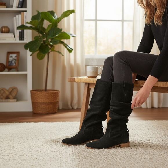 Suede Slouch Tall Boots Boutique 9 Black  Size 39 Stacked Heel Fall Style - Picture 1 of 9